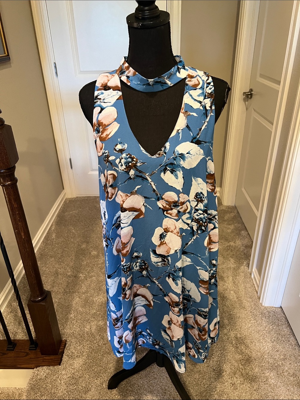 Peppermint Blue Floral Choker Keyhole Midi Dress